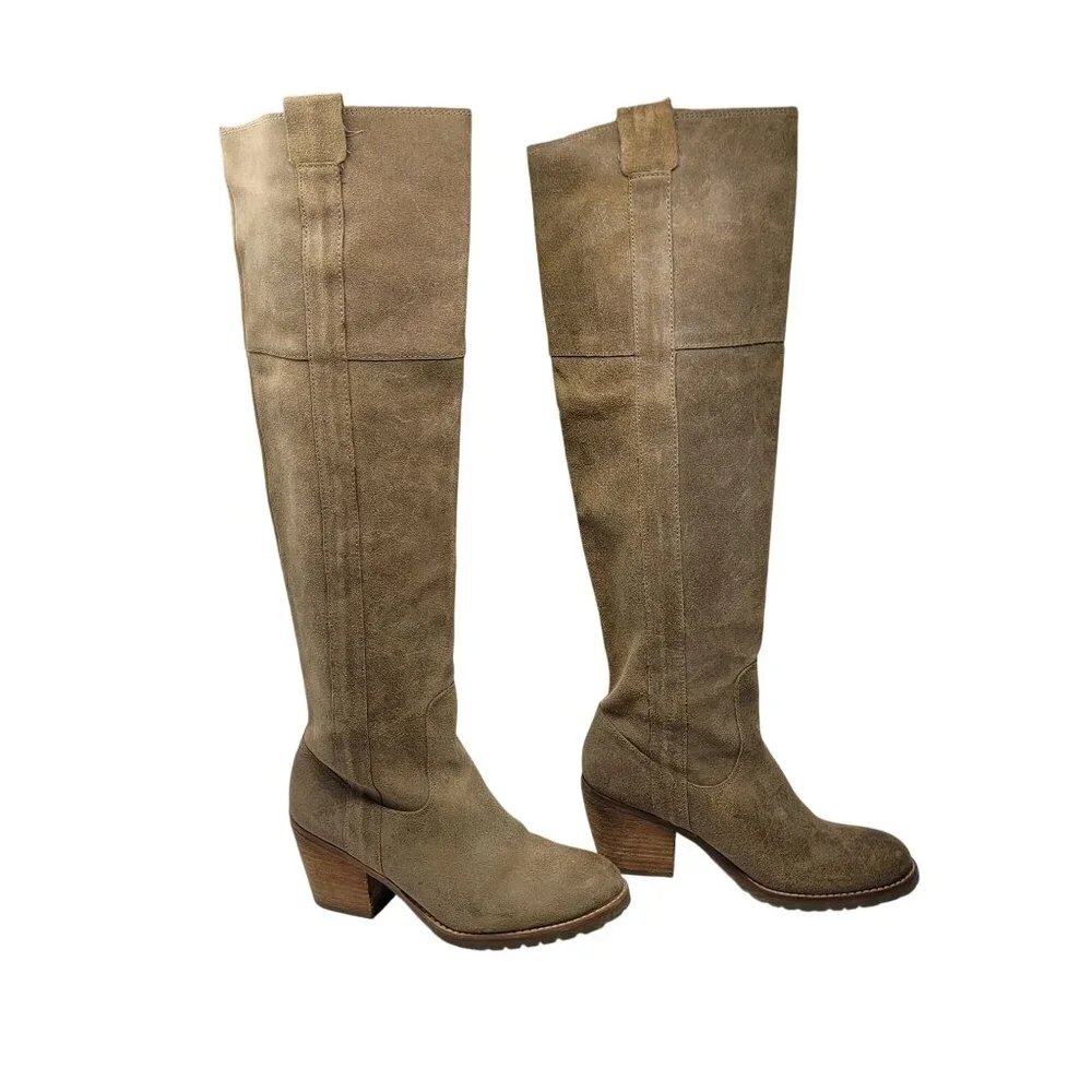 Report Belzer Over Knee Tan Suede Leather Boots Sz 7.5 Distressed Tall Boho‎